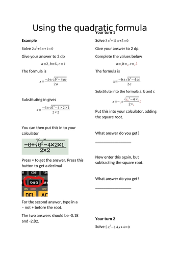 Scaffoled quadratic equation intro sheet
