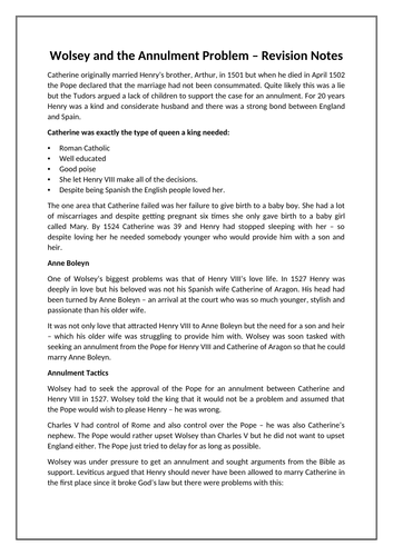 A-Level Revision Notes - Wolsey and the Annulment Problem