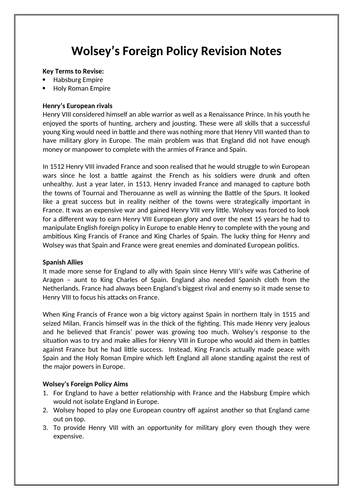 A-Level Revision Notes - Wolsey's Foreign Policy