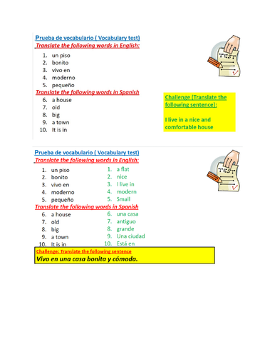 Prueba de vocabulario - ¿Cómo es tu casa? (Vocabulary test - How is your house?)