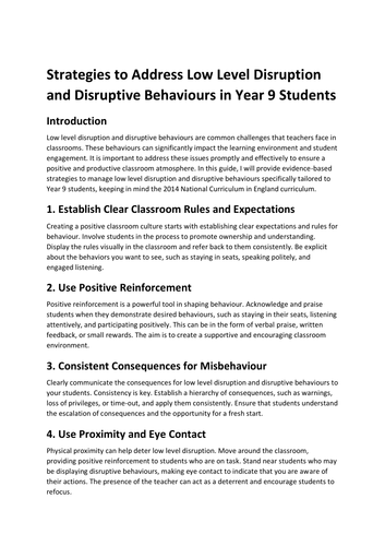 Strategies to Address Low Level Disruption and Disruptive Behaviours in Year 9 Students