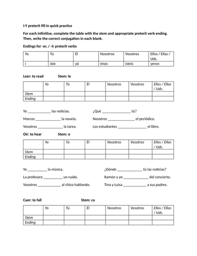 I-Y preterit fill in quick practice
