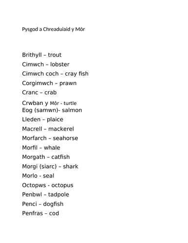 Home School Welsh language Resource Extensive List of Names of Fish -PYSGOD