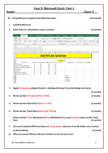 Year 7/8/9 Test 1- Excel Spreadsheet