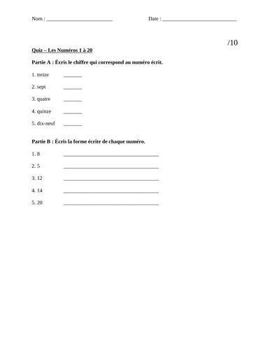 French quizzes Numbers 1 to 20, Être, avoir, faire, aller et venir au présent