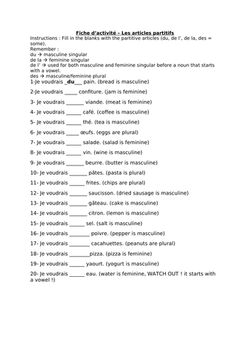 Fiche d’activité – Les articles partitifs