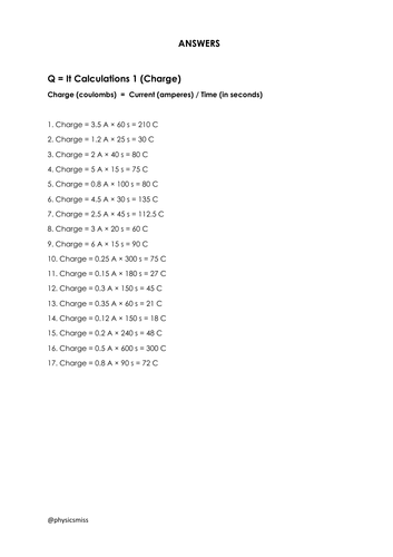 GCSE Physics Worksheets [Q = It] Calculations  w solutions