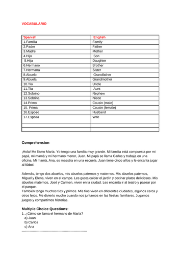 LA FAMILIA NOTES AND COMPREHENSION TASK