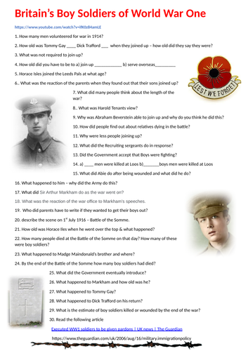 Britain's Boy Soldiers of World War One - Video Resource Sheet