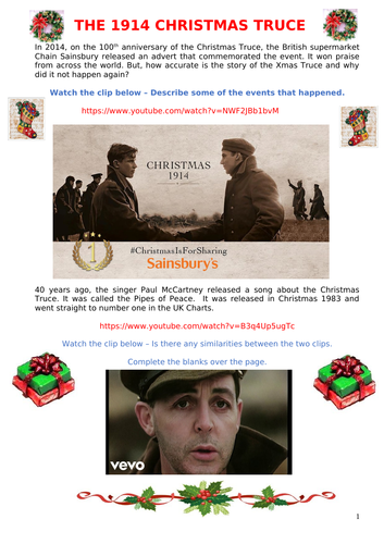 THE CHRISTMAS TRUCE USING, SONGS, FILM, PRIMARY EVIDENCE - COMPREHENSION & RESEARCH TASK