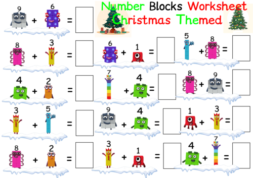 Numberblocks Christmas Themed Addition Worksheet Bundle