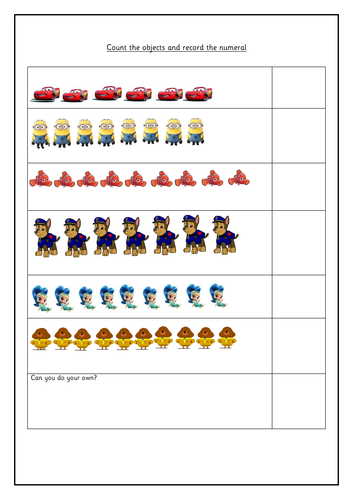 Counting to 10  sheet using characters