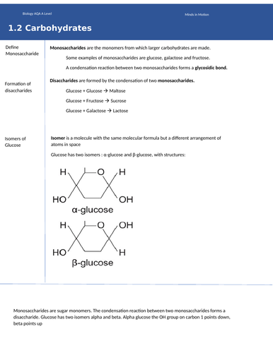 AQA A Level Biology A/A* Concise notes : 1.2 Carbohydrates