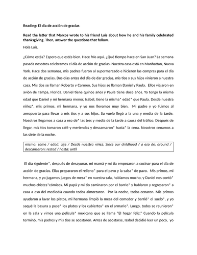 Reading: El día de acción de gracias