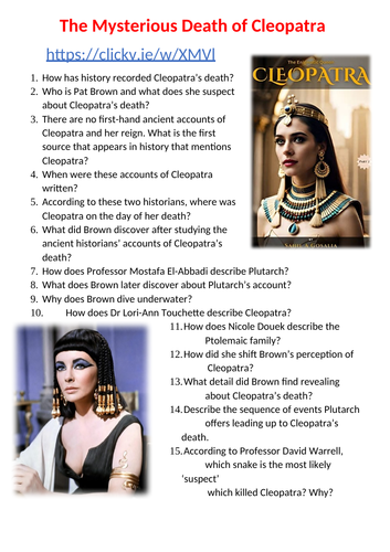 The Mysterious Death Of Cleopatra Video Resource Question Sheet
