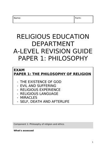 AQA A-Level Religious Studies Philosophy Revision Work Booklet