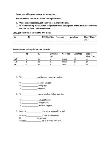 Tener que with present tense verbs practice