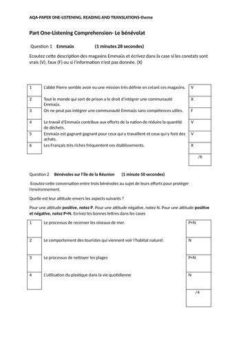 Le bénévolat-Paper 1 AQA Style A level French practice paper