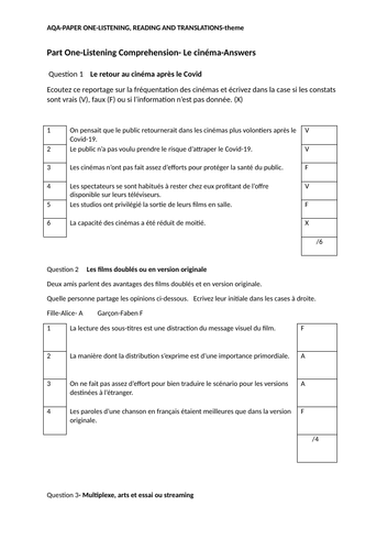 Le cinéma-Paper 1 AQA style  A level French practice paper