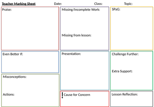 Whole Class Teacher Marking Sheet