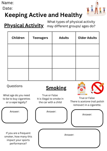 Keeping Active and Healthy Recap Worksheets