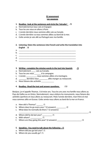 S1 / S2 assessment 3 2 1 partez