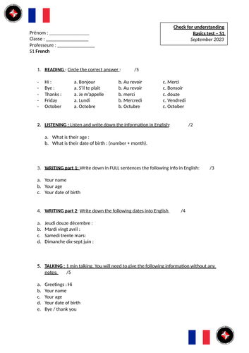 S1 basics assessment for Spanish & French