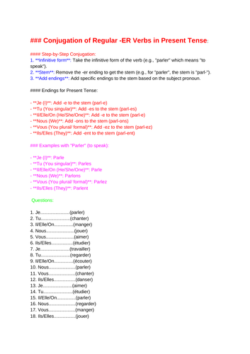 FRENCH PRESENT REGULAR ER VERBS