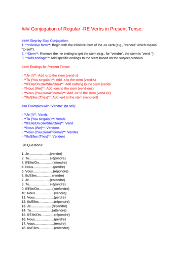 FRENCH REGULAR  PRESENT RE VERBS