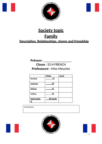 ASSESSMENT S3 French family relationship