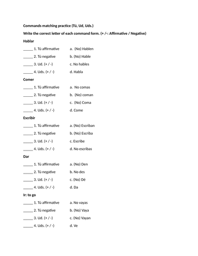 Commands matching practice (Tú, Ud, Uds.)