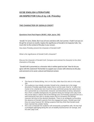 GCSE ENGLISH LITERATURE "An Inspector Calls" the character of Gerald Croft