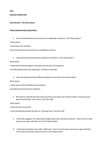 GCSE English Literature a bank of essay questions on "The History Boys"