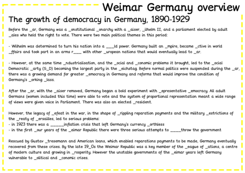 GCSE (1-9) History Weimar German Overview Worksheet (Fill in the gaps)