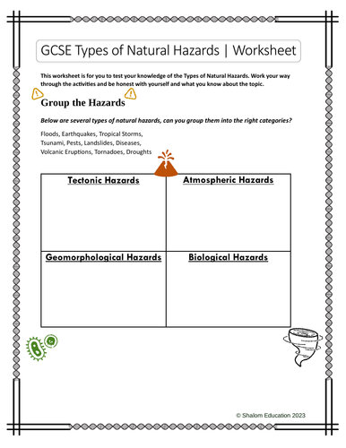 GCSE Geography - Types of Natural Hazards Worksheet