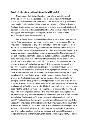 A-Level RS: Natural Law (Finnis) 20 Mark Essay + Model + Plan (Eduqas)
