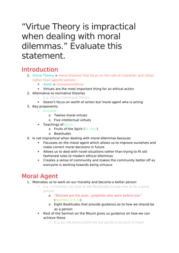 A-Level RS: Virtue Theory 30 Mark Essay + Model + Plan (Eduqas)