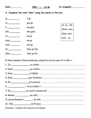 Practising the present tense of  "aller"