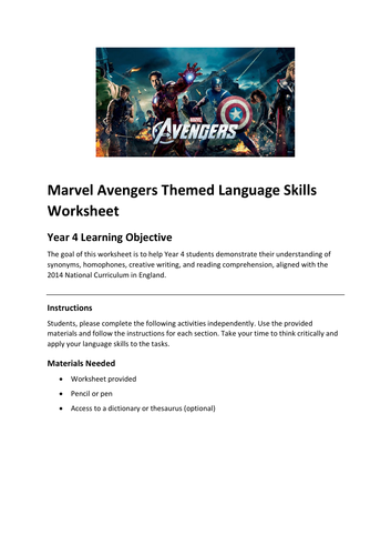 Year 4 Marvel Avengers English worksheet/activities