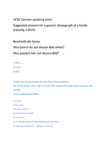 GCSE GERMAN Speaking Exam - photo card - sample questions and answers