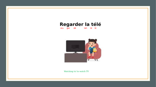present tense regular verbs (er) regarder with pictures of pronouns, verb and pronunciation