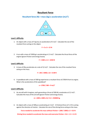 GCSE Physics Resultant Force (F=ma) Questions and Answers
