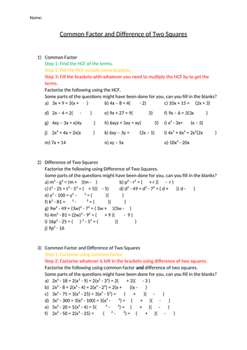 Common Factor and Difference of 2 Squares Scaffolded Worksheet