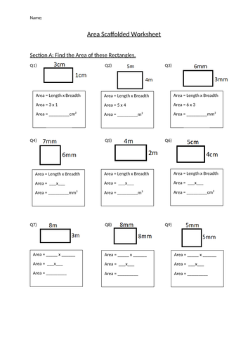 Area of Rectangle and Triangle Scaffolded Worksheet