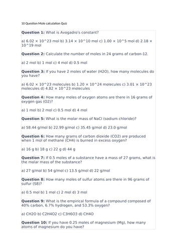 GCSE 10 Question Moles Quiz/Starter/Plenary