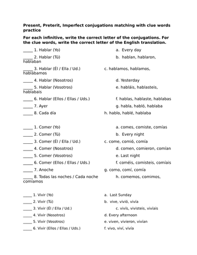 Present, Preterit, Imperfect conjugations matching with clue words practice