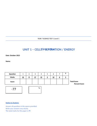 Exploring Science Year 7 Review Test (7A, 7E, 7L)