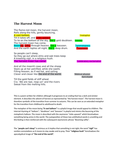 GCSE English Literature "The Harvest Moon " Ted Hughes Level 9 analysis