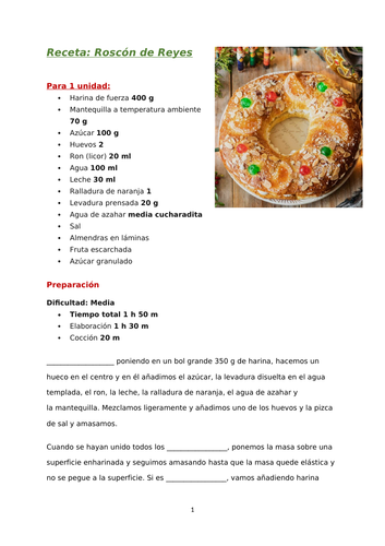 Roscón de Reyes worksheet