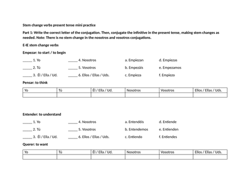 Stem change verbs present tense mini practice